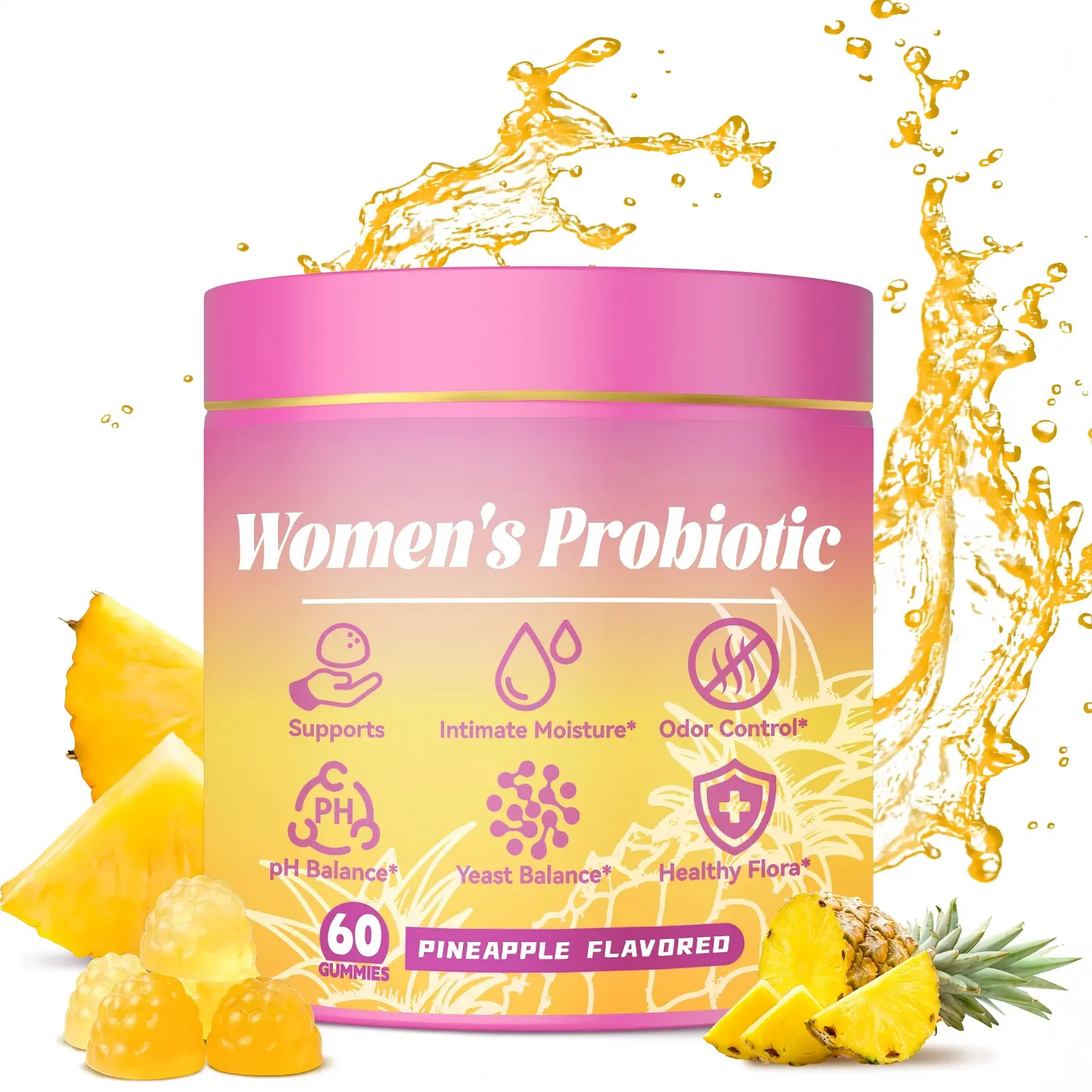 Probiotic Gummies Supplement with Slippery Elm, Vegan, Gluten-Free, Pineapple Flavor