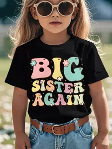 Individualistic round-neck short-sleeved shirts for Boy and girl🔥 Youngsters Girls' "Big Sister Again" Graphic T-Shirt - Playful Geometric Pattern with Stars & Flowers, Soft Stretch Round Neck Tee, Machine Washable Casual Top for New Big Sisters, Youngst