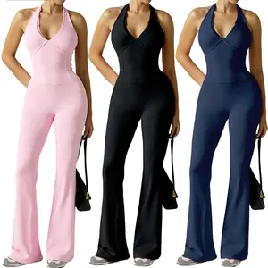 Women's Sexy Halter Neck Backless Yoga Jumpsuit - Stretch Breathable Workout Bodysuit Slim Fit Exercise Outfit for All Seasons in Pink Black & Navy Blue