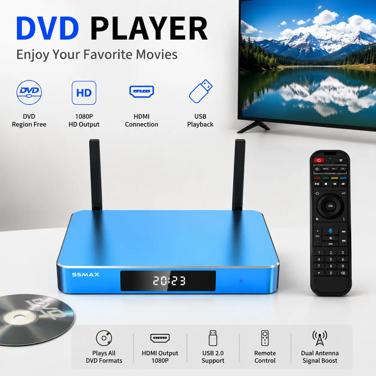 S6/S7 Max DVD Player with 6K HD Output, Dual WiFi Antennas & Voice Remote Control, Home Entertainment Media Player for Movies and Family TV Setup