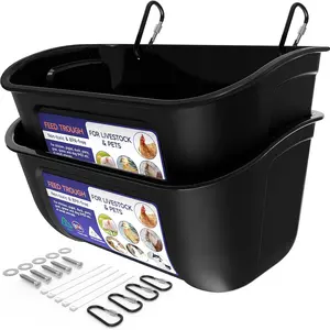 Chicken Feeder Waterer, Hanging or Screw-in Fence Feeders with Clips, 2 Pack 5 Quart Goat Feeding Supplies, Duck Piglet Sheeple Coop  Livestock Poultry Plastic Feeder Trough Bucket, Black