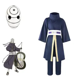 Uchiha Obito Cosplay Costume with Mask Uchiha Clan Battle Outfit Halloween Anime Expo Attire Men's High-Collar Ninja Robe Set