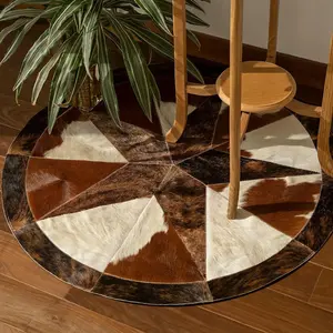 Round Cowhide Pattern Carpet, Non-slip Washable Floor Mat, Decorative Cow Print Rug for Home Living Room Bedroom Office