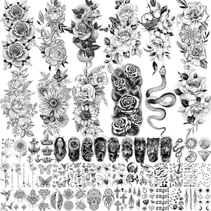 59 Sheets Sexy 3D Rose Flower Temporary Tattoos For Women Girls Arm Neck, Snake Floral Sunflower Leaf Peony Fake Tattoo Sticker Adult, Black Realistic Temp Tatoos Moon Dandelion Butterfly Thigh