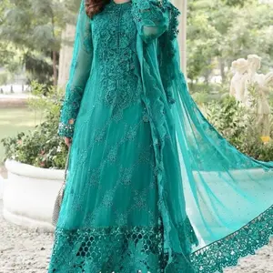 Beautiful Teal Cutwork Party Dress - Size M Bust 40 Inch, Size L Bust 44 Inch, Size XL Bust 46 Inch