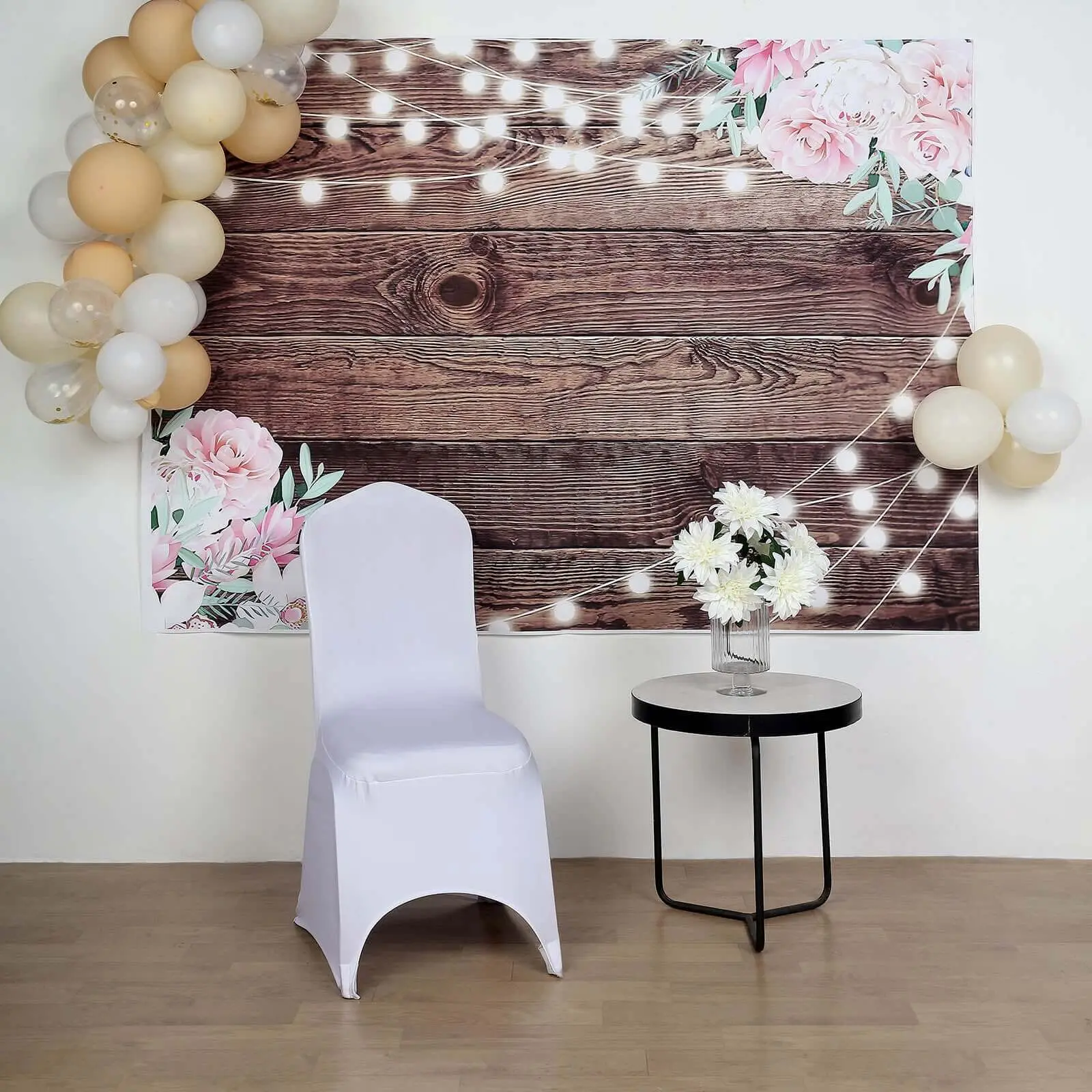 Rustic Wood & String Lights Print Vinyl Photography Backdrop, 5ftx7ft Decorative Banner, Wipeable Indoor-Outdoor Backdrop for Wedding, Baby Shower Events