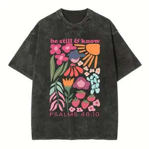 [Mineral Wash Shirt] Psalm 46:10 Boho Christian Washed Shirt, Christ Graphic Style Crewneck Casual