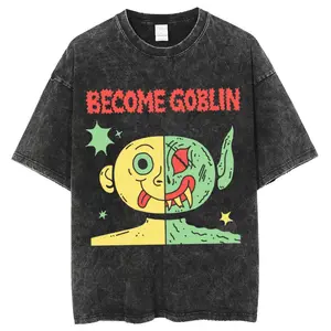 KBecome Goblin Unisex Oversized Print Vintage Wash Denim T-Shirt, Graphic Tee, Unisex Fashion, Full Color, Full Size, For Men, For Women