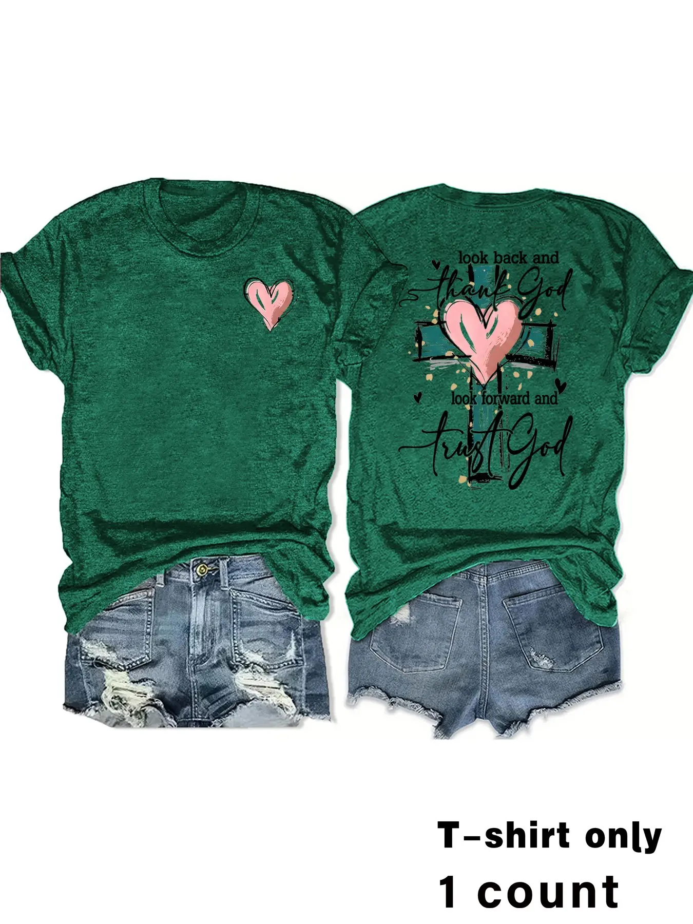 Christian Inspiration Print T-Shirt, Short Sleeve Round Neck Top, Cross Heart Design, Casual Summer Fit, Comfortable Breathable Women's Lady Shirt, Style, Womenswear, Casual Summer Tees, Casual Tee Shirts