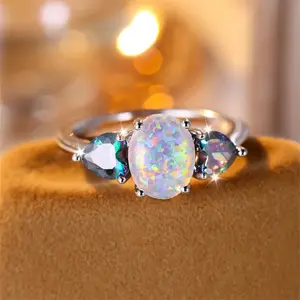 Elegant White Fire Opal Engagement Ring for Women Oval Cut Rainbow Zircon Wedding Band Promise Ring Anniversary Jewelry Gift