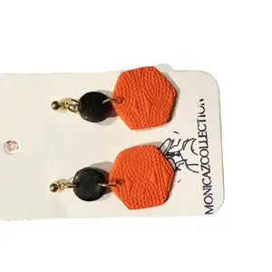 MonicaZ Collection Polymer Clay Hexagonal Style Earrings with Orange and Black Circle Design & 14k Gold Plated Hooks