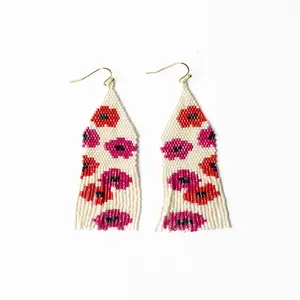 Delilah Poppies Beaded Fringe Earrings Hot Pink/Red