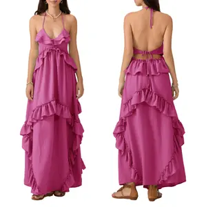 Women's Halter Neck Ruffle Maxi Dress, V Neck Tiered Flowy Long Dress, Backless A-Line Summer Dress for Beach & Vacation Basic Maxi Feminine Sleeveless Casual