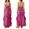 Women's Halter Neck Ruffle Maxi Dress, V Neck Tiered Flowy Long Dress, Backless A-Line Summer Dress for Beach & Vacation Basic Maxi Feminine Sleeveless Casual