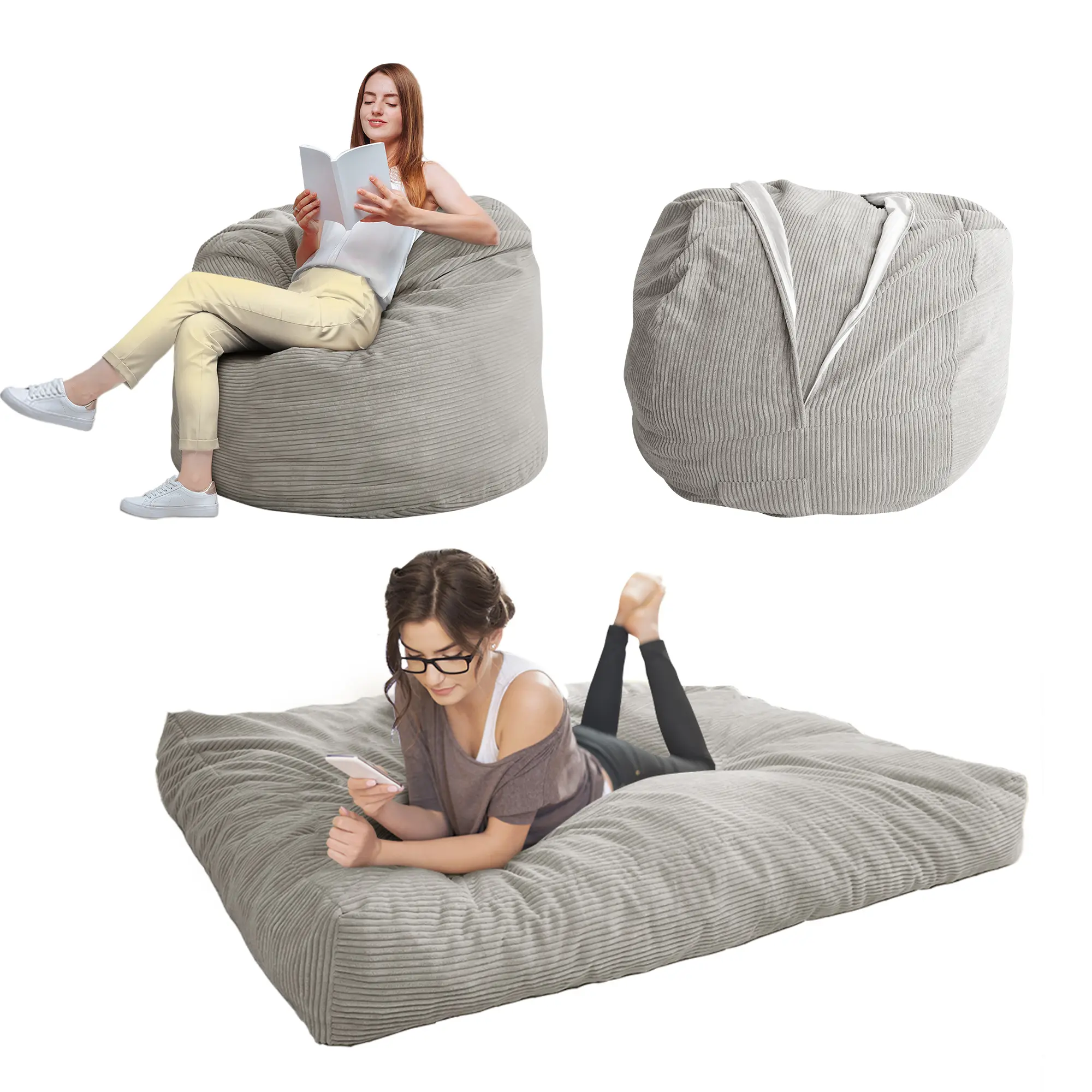 Maxyoyo Corduroy Convertible Bean Bag Chair Bed - 2-in-1 Folding Lounger & Floor Mattress | Foldable Furniture for Living Room, Dorm & Apartment