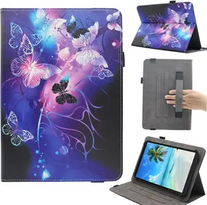Universal 7 8 Inch Android Tablet Case,  Multi-Angle Viewing Stand Case Cover with Hand Strap for 7.0-8.5 Inch Tablet, 01 Purple Butterfly