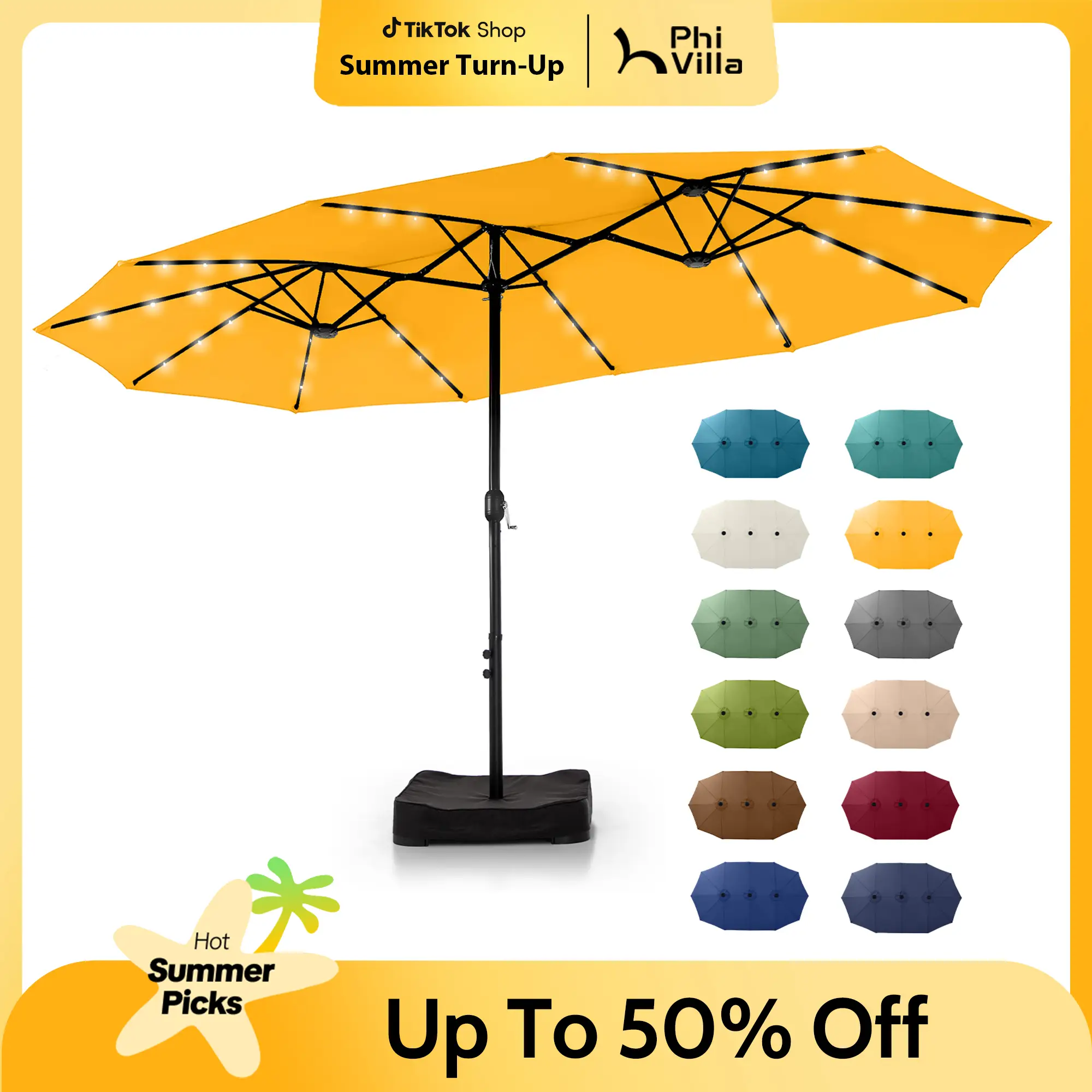 [15ft with base] PHI VILLA Patio Umbrella Double-Sided Outdoor Market Extra Large Umbrella with Crank, Umbrella Base Included, FatherDayGift