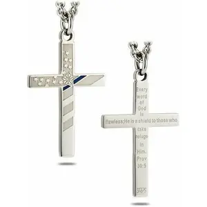 Strength Men's Stainless Steel Silver Police Thin Blue Line Flag Pendant Cross Necklace Proverbs 30:5 Bible Verse Christian Faith Gifts
