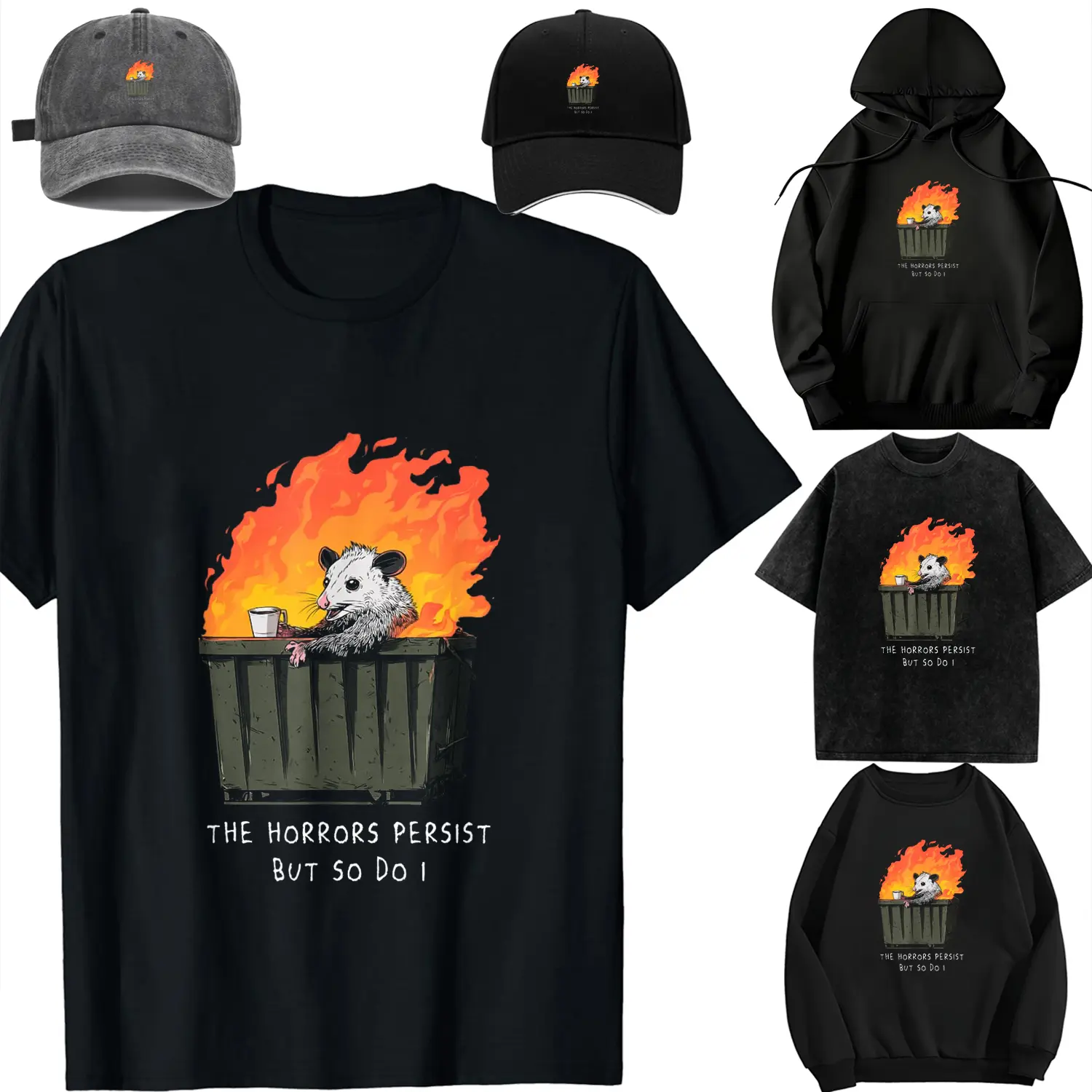 "Horrors Persist So Do I" Funny Possum Iron-On Graphic, DIY Heat Transfer for Women's Casual T-Shirts and Cotton Polyester Clothes, Lady