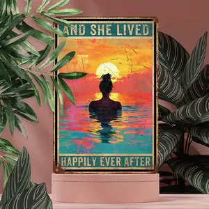 1pc AND SHE LIVED HAPPILY EVER AFTER Vintage Art Style 8x12 Inch Aluminum Sign Home Decor for Empowerment & Aesthetic Enthusiasts
