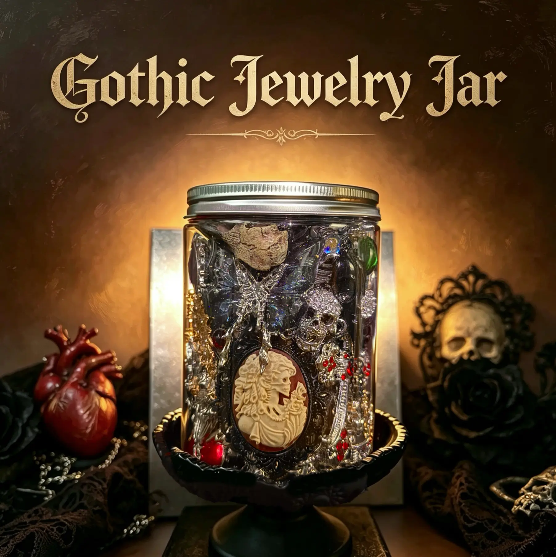 Jollyhit Light Gothic Mystery Jewelry Jar – Costume Light Goth with Witchy & Punk Style Accessories | Mother’s Day Gift, Gift for Daughter, Grandma, Best Friend