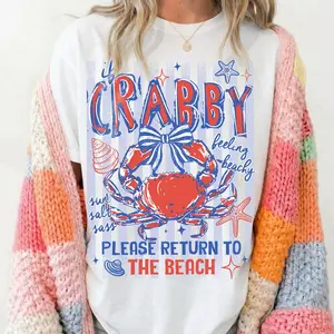 If Crabby Please Return To The Beach T-Shirt, Preppy Crabby Tee, Coquette Bow Crab Shirt, Summer Vacation Outfit, Funny Summer Beach Trip