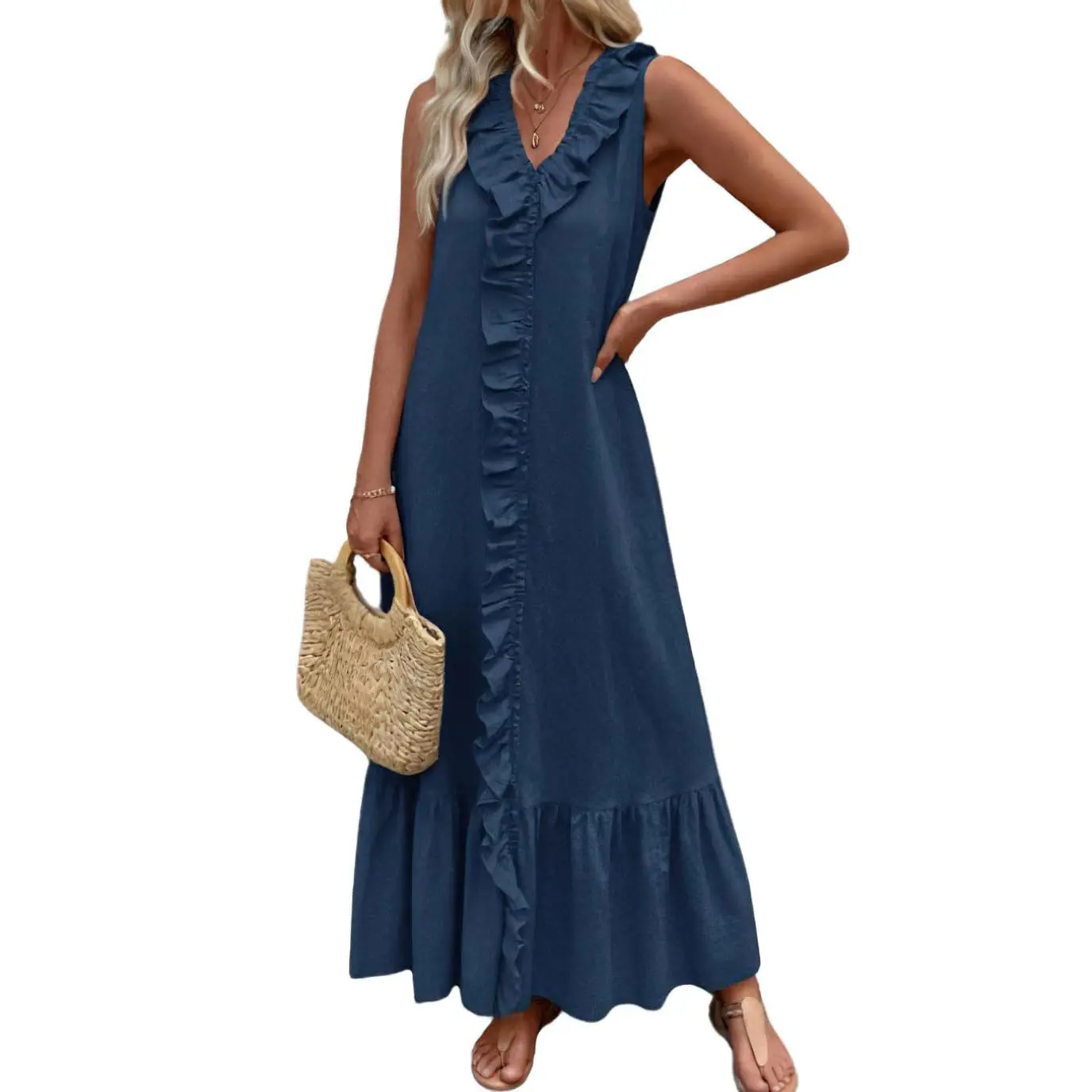 Chouyatou Women's Casual Cotton Linen Sundress, Summer Sleeveless Bohemian Layered Ruffle Beach Clothes, Boho Clothes For Women, Sundress For Women