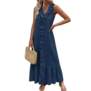 Chouyatou Women's Summer Sleeveless Beach Dress Bohemian-Style Layered Ruffle Cotton Linen Dress