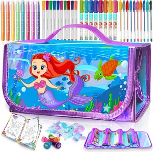 weirtoya 56 PCS Washable Scented Markers with Glitter Pencil Case, Mermaid Unicorn Arts and Crafts for kids 4-6-8 Kids Coloring Drawing Kits for 4-8 Years Old Girls (Mermaid, 56)