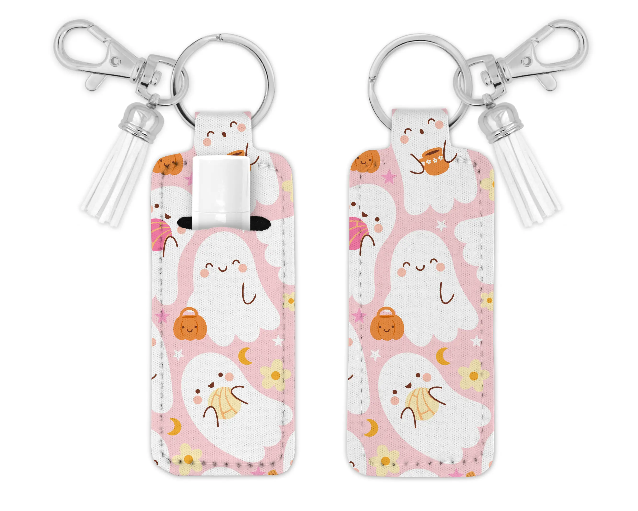Pantasmas Lip Balm Holder Keychain - Illustrated Pan Dulce Ghosts Design - Charming Accessory for Personal Use with Keyring Attachment