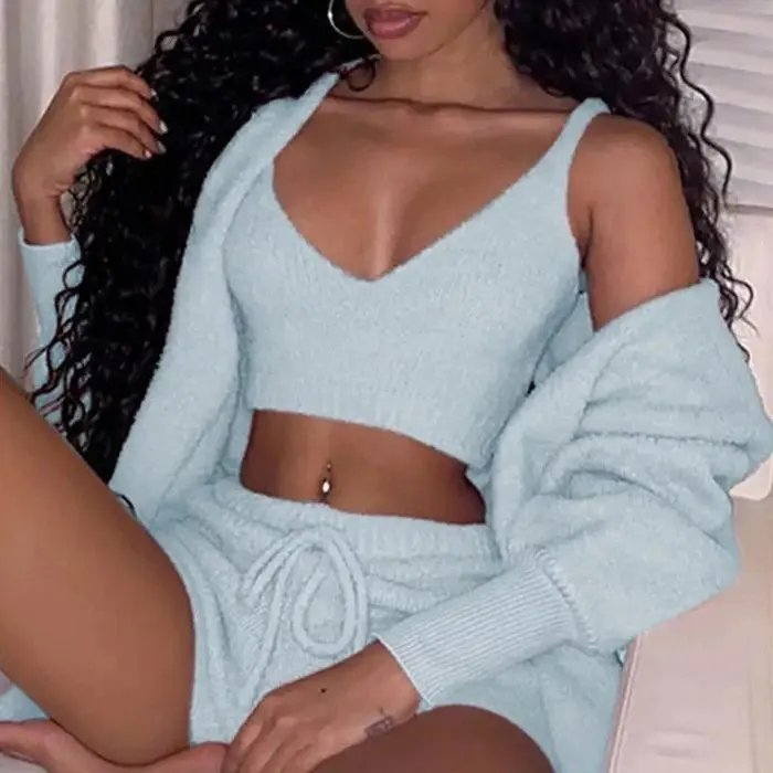 Women's Velvet Pajama Sets, 3-Piece Cute Solid Loungewear Outfit with Belted Long Sleeve Robe, Crop Vest Top and Pants, Cute Pajamas, Nightwear, Pink, Velvet Fabric, Gray, Orange, Crop Top