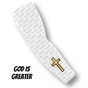 God is Greater Gold Cross Arm Sleeve for Baseball, Football, Basketball - Compression and Support