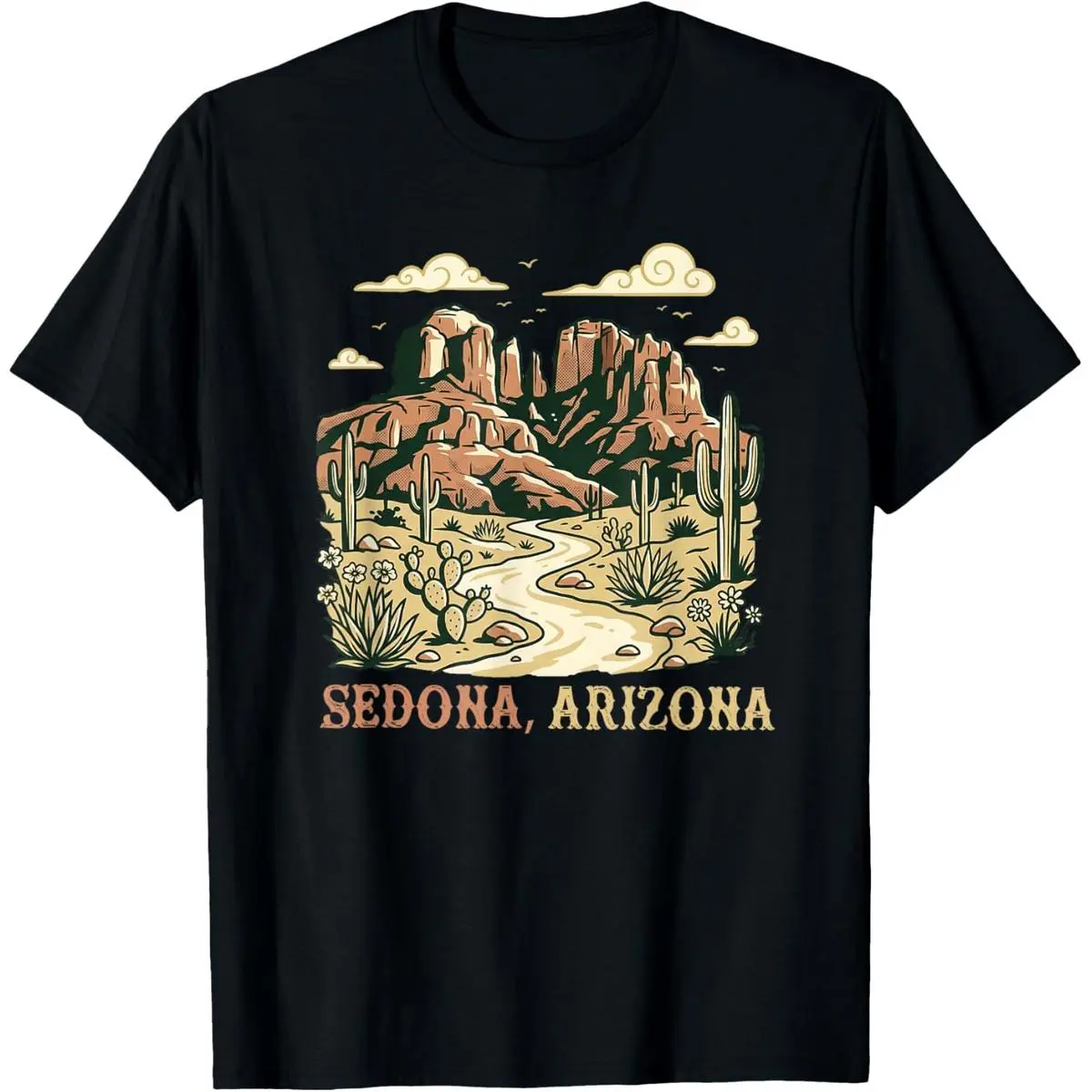 Retro Cotton T-Shirt with Sedona Arizona Red Rocks Graphic, Casual Short Sleeve Round Neck Streetwear for Men and Women, Shortsleeve, Top