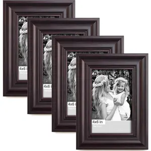 4x6 Picture Frame Set of 4, 1.4" Wide Molding & Dark Brown Photo Frames with HD Tempered Glass, Display on Tabletop & Wall Mounting, Brown