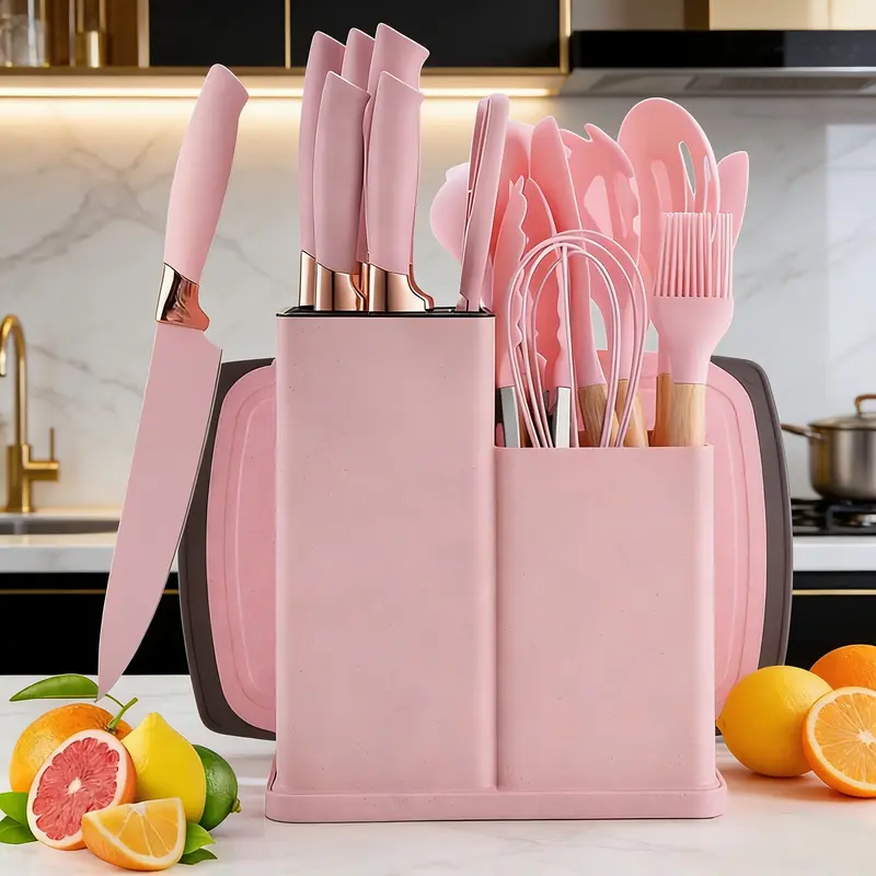 XBJ 19-Piece Stainless Steel Knives Kitchen Set - Ceramic Handles, Silicone Accents, Universal Knife Block, Sharpener, Cutting Board, Rust-Proof, Ergonomic Design, 9 Silicone Utensils Simplify Prep, Black Kitchenware for Weddings & Household Use