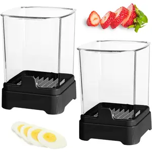 2 Pack Fruit Slicer Cup-Strawberry, Banana, Grape Cutter, Egg Slicer For Hard Boiled Eggs-Removable Blades & Food Push Plate-Rapid & Safe Slicing Kitchen Gadgets for Easy Food Prep (Black)