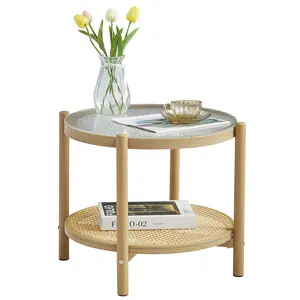 Boho Rattan Coffee Table 19.6" Modern Simple 2 Tier Side Table for Sofa Bed Side Small Space Living Room Bedroom Office Meeting Room Round Glass Metal End Table