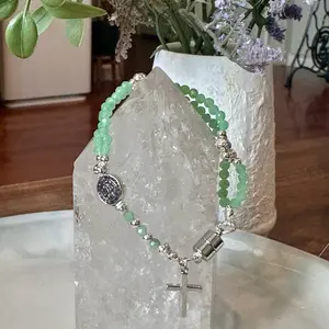 Rosary Bracelet with Green Beads and Silver Cross Charm for Daily Devotion