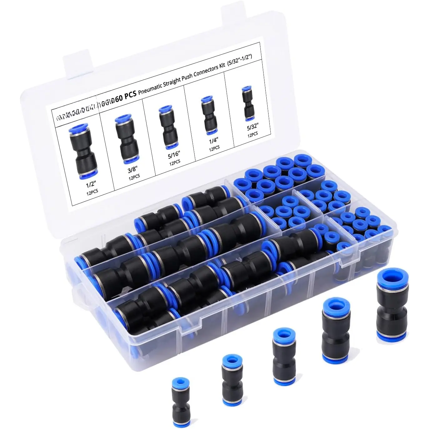 60 count Straight Push Connectors Quick Release Plastic Push to Connect Fittings Kit 5/32" 1/4" 5/16" 3/8" 1/2" inch Quick Connect Air Hose Fittings