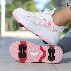Trendy Cool Low Top Roller Skateboard Shoes With Rotating Button For Girls, Breathable Retractable Removable Roller Skates For Indoor Outdoor Party, All Seasons