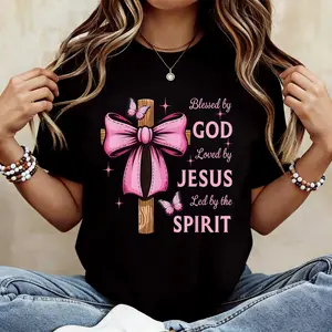100% Cotton Blessed by God Loved by Jesus Pink Coquette Bow And Cross T-Shirt Black Pieces Prints Womenswear