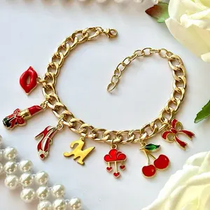High Quality Custom Initial Girly Gold Charm Bracelets With Red & Gold Charms & Gold Initial Charm & Pearls Inside The Chain Great Gift bracelet
