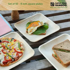50 8 Inch Disposable Square Palm Leaf Plates. Eco Friendly Party Plates. Heavy Duty Party, Catering Plates. 100% Compostable & Biodegradable than Bamboo, Wood, Paper, or Plastic