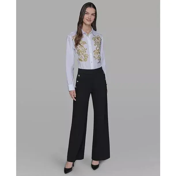 Karl Lagerfeld Women's Petite Fitted Pull-On Dress Pants, Solid Black Silky Spandex Blend for Business Casual Wear, Basic, Bottoms, Minimalist, Rayon Blend, Spandex Mix, Clothes, Clean Aesthetic Pants, Corporate Style, Cloth Pants