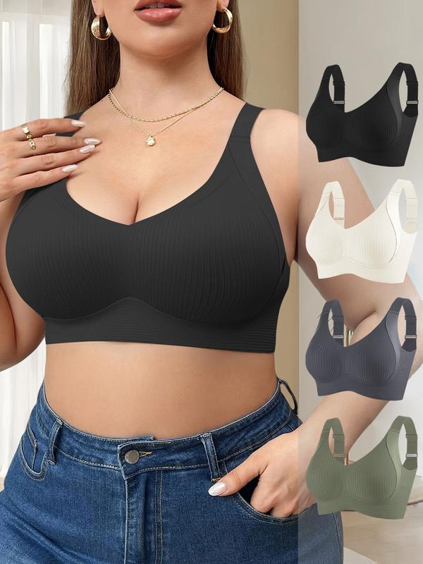 4 Pack Plus Size No Underwire Bras, Wireless Tank Bra, Soft Medium Support Wide Shoulder Straps, Casual Daily Comfort, Plain Pattern, Lined