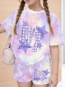 Girls Pink Purple Gradient Tie Dye Casual Fashion Set Kids Number 67 Star Print Short Sleeve Two-Piece Outfit Casual Summer Set