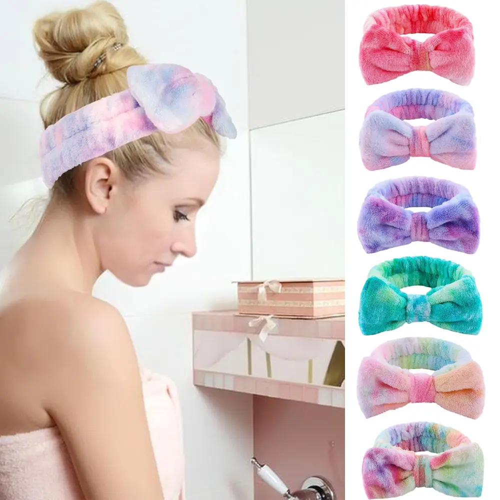 6pcs Bowknot Makeup Headband Coral Fleece Elastic Wash Face Spa Headband Washable Facial Band Makeup Head Wraps for Women summerwins