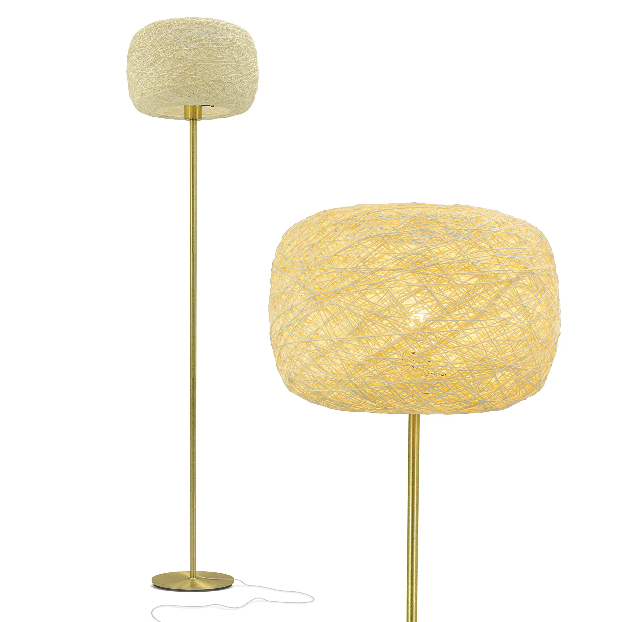 Brightech Rowan Elegant Brass Fabric Floor Lamp - Mid-Century Modern Thread Shade Energy-Saving LED Accent Light with Gold Finish Base - Free-Standing Indoor Light for Living Rooms - Energy-Saving Device for Hobbies, Boho Decor Match