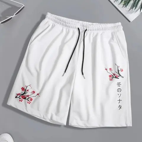 Men's Floral & Letter Print Drawstring Waist Shorts, Regular Fit Casual Pocket Track Shorts for Summer, Men's Bottoms for Daily Wear, Casual Fashion Shorts, Lightweight Printed Shorts, Casual Fashionable Shorts, Drawstring Waistband Shorts