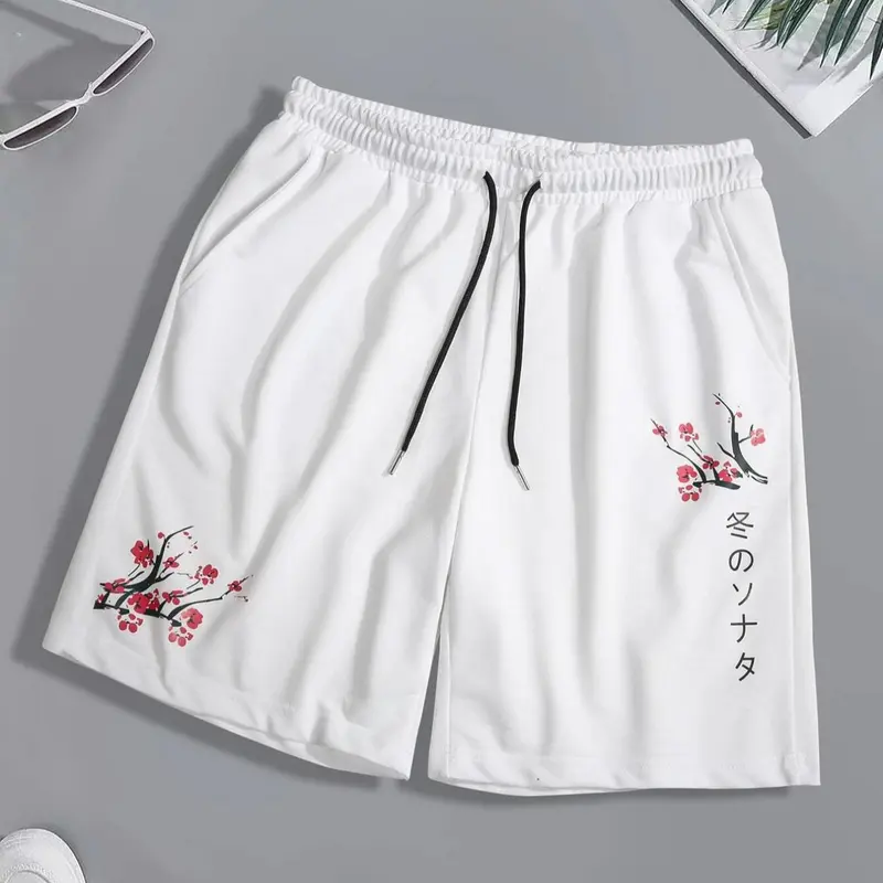 Men's Floral & Letter Print Drawstring Waist Shorts, Regular Fit Casual Pocket Track Shorts for Summer, Men's Bottoms for Daily Wear, Casual Fashion Shorts, Lightweight Printed Shorts, Casual Fashionable Shorts, Drawstring Waistband Shorts